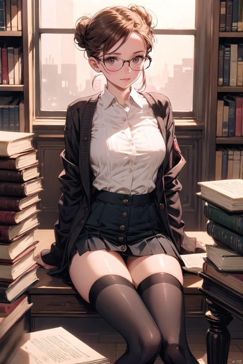  Library, 1girl, sexy, academic environment, wearing glasses, librarian outfit, black stockings, short skirt under long cardigan, button-up shirt unbuttoned to reveal lace underwear, brown hair tied into a messy bun, red lipstick, sitting on edge of bookshelf, academic books in background, intelligent gaze, subtle giggle, dimly lit reading room, high heels tapping wooden floor, curled pages, thigh-high gap, quiet atmosphere, antique library Lamps, warm indoor lights, stacks of books,