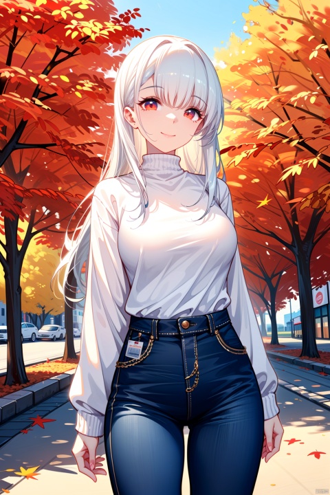  1girl, tender wifely, solo.detailed eyes, red eyes, white hair, long hair, bangs, white sweaters, turtlenecks sweaters, jeans;closed mouth, smile, standing, cowboy shot.autumn street, city walk, maple_leaves fallen, outdoors.