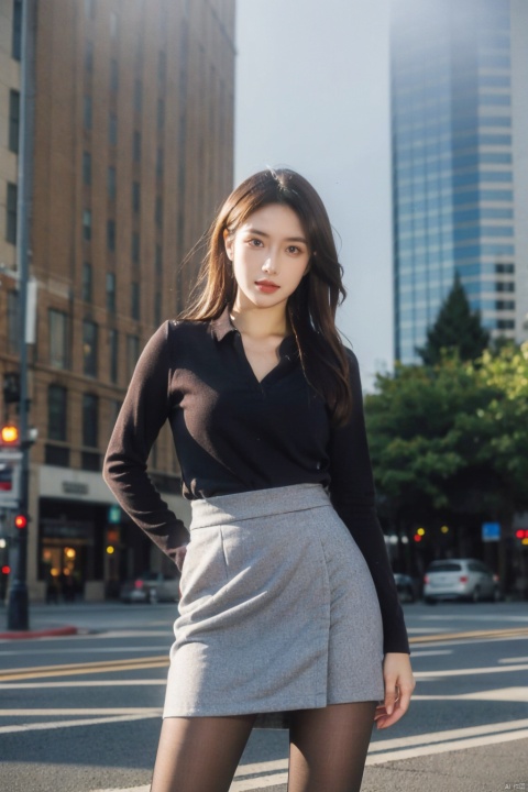 Cloudy day, foggy day, early morning, a woman, (real, photo :1.4), background is city street, suit, shirt, hip wrap skirt, pantyhose, outdoor, real world scene, confident pose, perfect hand, cowboy shooting,
, Fine art, professional-grade capture,Sony A7R IV mirrorless camera with a Zeiss 24-70mm f/2.8 zoom lens,high-resolution, ((poakl)), 1girl, torn pantyhose