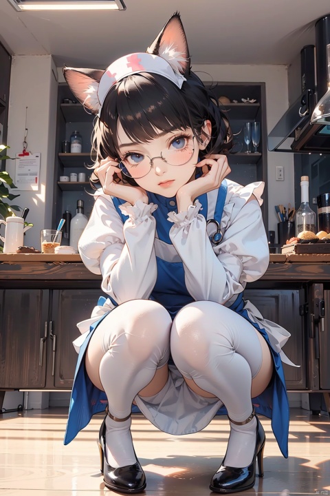  nai3, 1girl, animal ears, solo, blush, cat ears, apron, looking at viewer, long hair, blue eyes, sweatdrop, upper body, closed mouth, bangs, parted bangs, dress, long sleeves, puffy sleeves, white apron, ribbon, black dress, frills, hair ribbon,Nurse,blue nurse uniform,squatting,Bottom-rimmed glasses,fine fabric emphasis,White stockings,White high heels,hospital,short hair,naughty face,arms under breasts,view from below,look at the viewer,wide shot,head tilt, (masterpiece:1.2), best quality,PIXIV,cozy animation scenes,

twin drills


