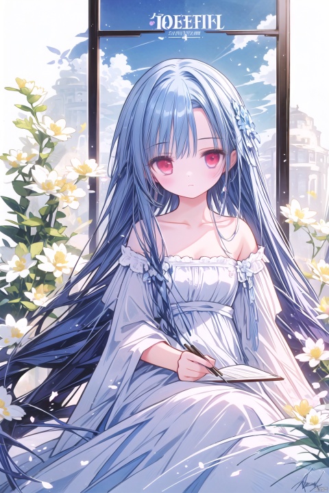  best quality,masterpiece,illustration,(reflection light),incredibly absurdres,(Movie Poster),(signature:1.3),(English text:1.3),1girl,girl middle of flower,pure skyblue hair,red eyes,clear sky,outside,collarbone,loli,sitting,absurdly long hair,clear boundaries of the cloth,white dress,fantastic scenery,ground of flowers,thousand of flowers,colorful flowers,flowers around her,various flowers, ((poakl))