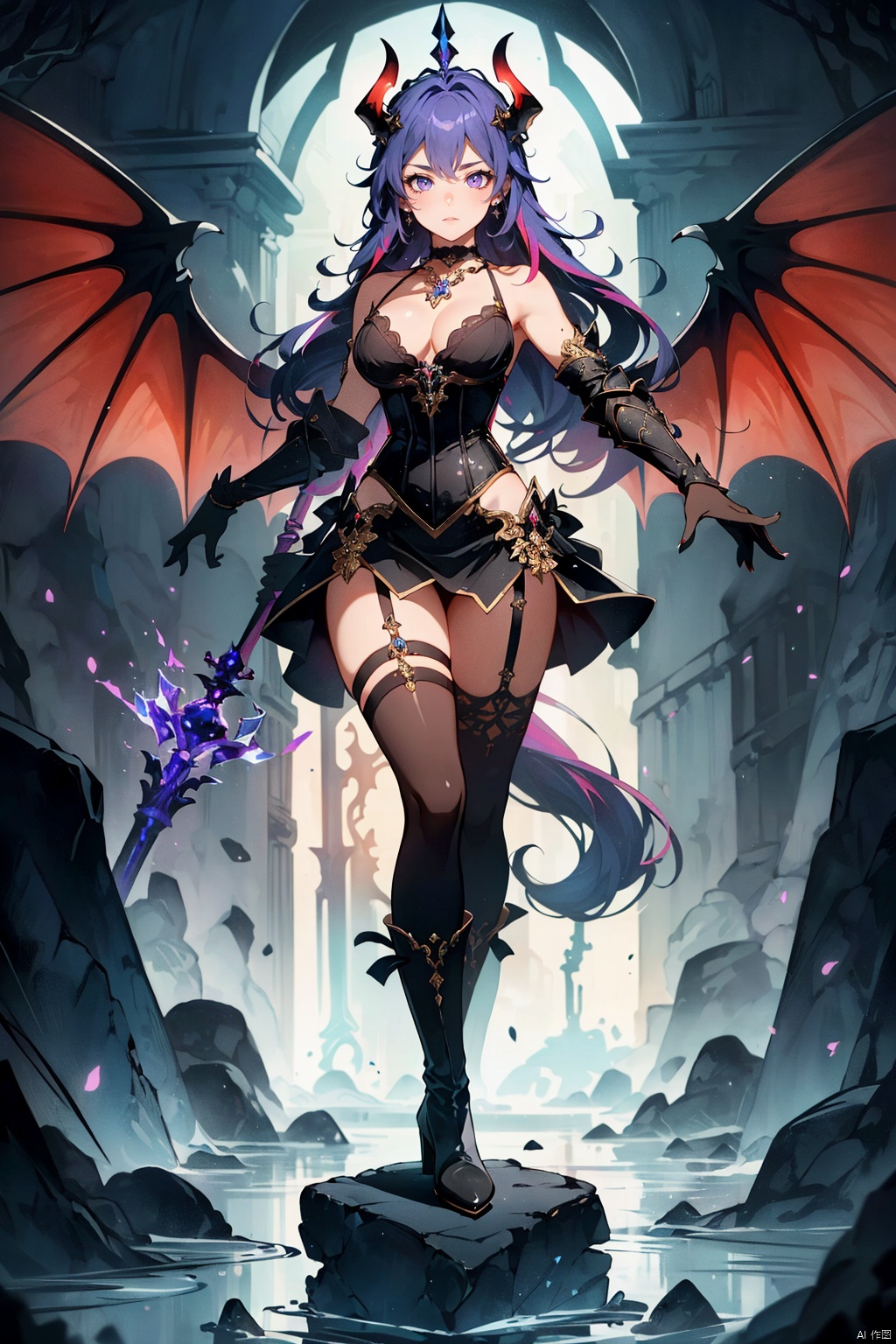 1girl, (alluring and mischievous succubus), ((full body)), (demonic wings spread out behind her, translucent and shimmering with ethereal energy), (lithe form clad in form-fitting dark leather or scale-like armor revealing sensual curves), (tail coiled around one leg suggestively), (exposed midriff with intricate arcane tattoos or markings), (upper body dressed in a plunging neckline corset with lace accents), (shoulder pauldrons adorned with demonic motifs), (dark horns curling upwards from her forehead, polished and gleaming), (piercing gaze with vertically-slitted pupils and smoky eye makeup), (long, flowing hair of midnight black streaked with deep purple highlights), (holding a jeweled scepter or staff imbued with dark power), (standing on an obsidian throne surrounded by swirling shadows), (shimmering aura of dark energy surrounding her feet), (claws tipped with iridescent nail polish), (wearing thigh-high boots with stiletto heels), (a choker necklace featuring a crimson gemstone at its center), (lips painted in a rich, blood-red hue, hinting at forbidden temptation), (background: fiery abyss or mystical underworld)..,((poakl)), ,(wide shot:0.95),(Dynamic pose:1.4), Light master