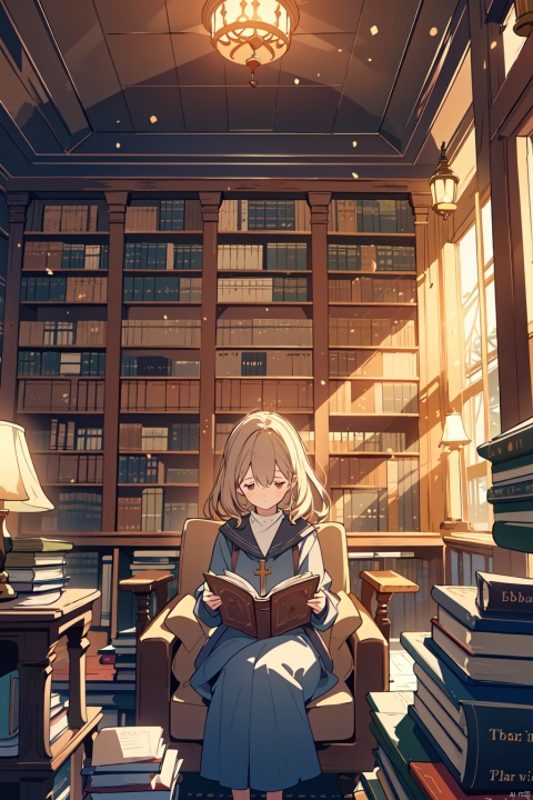 (Sacred whispers of knowledge),(a young scholar immersed),(warm glow of lamplight illuminating pages),(sturdy oak shelves reaching tall),(bound books whisper their tales),(timeless wisdom in quiet rows),(1 girl),(seated cross-legged on a plush reading rug),(engrossed in a vintage tome),(her fingers trace over embossed letters),(curls of hair softly frame her intent face),(the scent of aged paper fills the air),(penetrating silence punctuated by soft turning of pages),(her mind expands as words weave spells),(contemplative expressions reflect inner dialogue),(anchored in the present, journeying through epochs),(finding solace within library's hallowed walls), ((poakl))