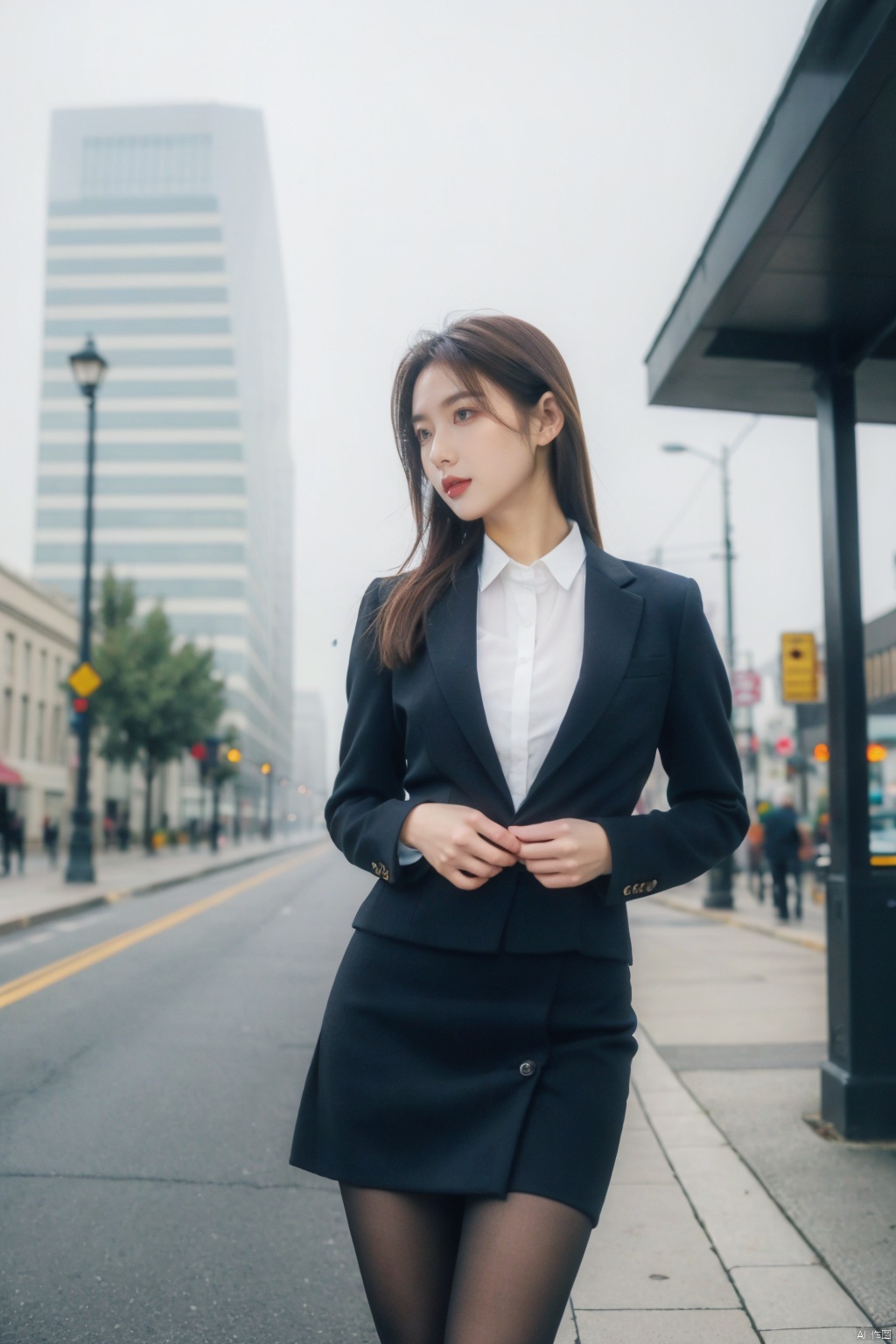 Cloudy day, foggy day, early morning, a woman, (real, photo :1.4), background is city street, suit, shirt, hip wrap skirt, pantyhose, outdoor, real world scene, confident pose, perfect hand, cowboy shooting,
, Fine art, professional-grade capture,Sony A7R IV mirrorless camera with a Zeiss 24-70mm f/2.8 zoom lens,high-resolution, ((poakl)), 1girl, torn pantyhose
