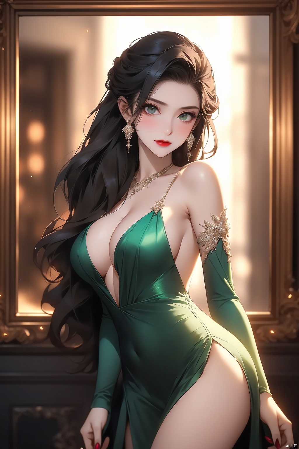 alluring stepmother, dressed in a form-fitting emerald green evening gown, deep V-neckline accentuating her curves, long flowing sleeves and a thigh-high slit revealing a hint of toned legs, strappy metallic stiletto heels adding height and allure, posed within a dimly lit mansion hallway adorned with antique mirrors and oil paintings, cascading raven hair partially swept up in an elegant chignon, adorned with statement jewelry pieces, smoky eye makeup and ruby red lipstick, sensually gazing into the distance, conveying a mix of mystery and sophistication