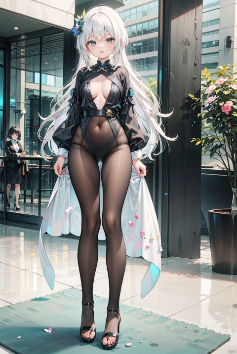 Asian businesswoman in a sleek, form-fitting suit standing confidently in the lobby of a modern office building. The woman is portrayed as a young and attractive East Asian, with distinct Chinese features; her beauty is emphasized by long, lustrous hair. She is depicted as a sultry, alluring Korean girl with an elegant yet sensual demeanor. Her figure is slender, sun-kissed, and athletic, possessing a perfect hourglass silhouette with well-defined curves. She wears black stockings that accentuate her legs, paired with high heels adding to her poised stance. The image should convey a sense of poise, power, and femininity.