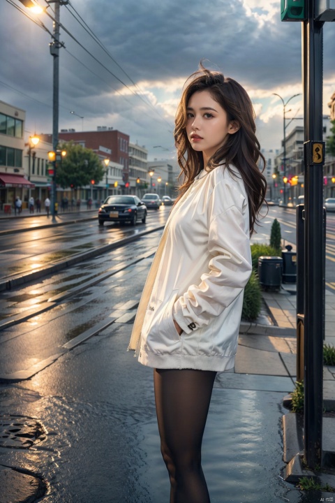 (8k, RAW Photo, Best Quality, Masterpiece: 1.2), (Photorealistic, Photorealistic), Masterpiece, Best Quality, (Ray Traced, Cinematic Lighting), 1girl, ((Solo)), Long Black Hair, Messy Hair , jacket, pantyhose, rainy day, cumulonimbus, (hands in pockets), (outdoors, rain, sky, deserted street, watered sidewalk, intersection, fork in the road), high-rise building, clock tower ,glass,reflection,street light,sunset,tyndall effect, Detail, ((poakl))