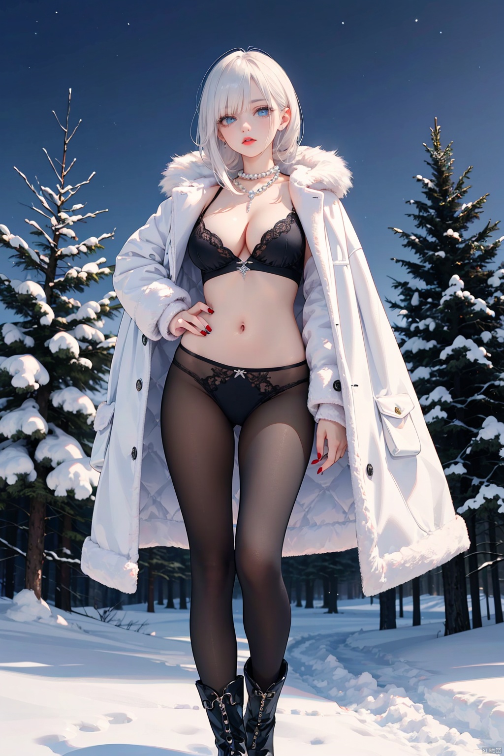 Snowy, 1girl, sexy winter clothes, pure black underwear, white fur coat, ultra-short hip skirt, long boots, red lips, (black pantyhose), messy snowflake hair, seductive eyes, long eyelashes , standing, panoramic.Pearls around the neck, icy blue eyes, fur shawl, shiny nails, snowy pine trees, moonlit night, hint of cleavage, icy breath, glittering sequins, provocative gestures, dramatic lights, forest, cold The contrast between cold air and warm and cold elements