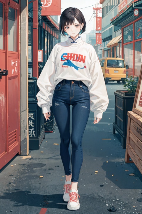 modern Chinese fashion, streetwear fusion, qipao, trendy style, confident young woman, urban setting, graphic print, statement jewelry, edgy haircut, sneakers, strong posture, dynamic pose, modern interpretation of traditional elements, bold makeup, contrasting colors, graffiti wall backdrop