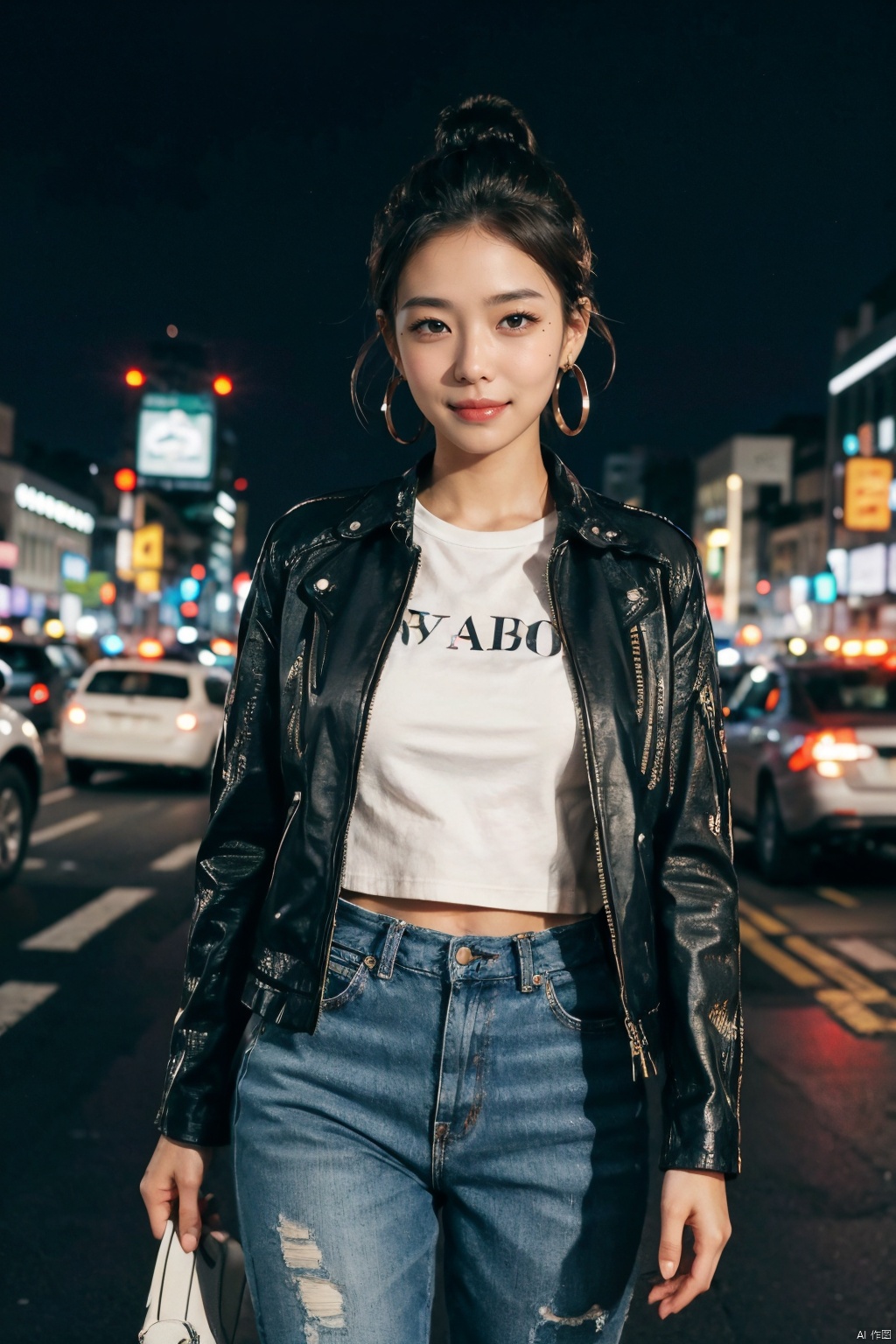 A stylish urbanite girl stands confidently at a bustling city intersection, amidst the neon glow of towering skyscrapers and the chaotic dance of traffic lights. She sports a sleek leather jacket over a graphic tee, paired with ripped jeans that hug her curves and high-top sneakers reflecting the city's vibrant hues. Her hair is tied up in a chic bun, revealing statement earrings that catch the glint of streetlights.

Her gaze is resolute and piercing, embodying an air of independence and strength as she surveys the metropolis around her. The image captures the essence of modern city life, where energy and ambition intertwine. This scene is reminiscent of the dynamic, cinematic portraits found in the work of contemporary photographers like Tyler Mitchell or Petra Collins.

Render this striking figure in 4K resolution, using bold, contrasting colors to accentuate the vibrancy of the cityscape and her commanding presence within it. The composition highlights her poise and determination, standing out from the blur of moving cars and busy pedestrians, symbolizing the spirit of the empowered woman navigating the urban jungle.