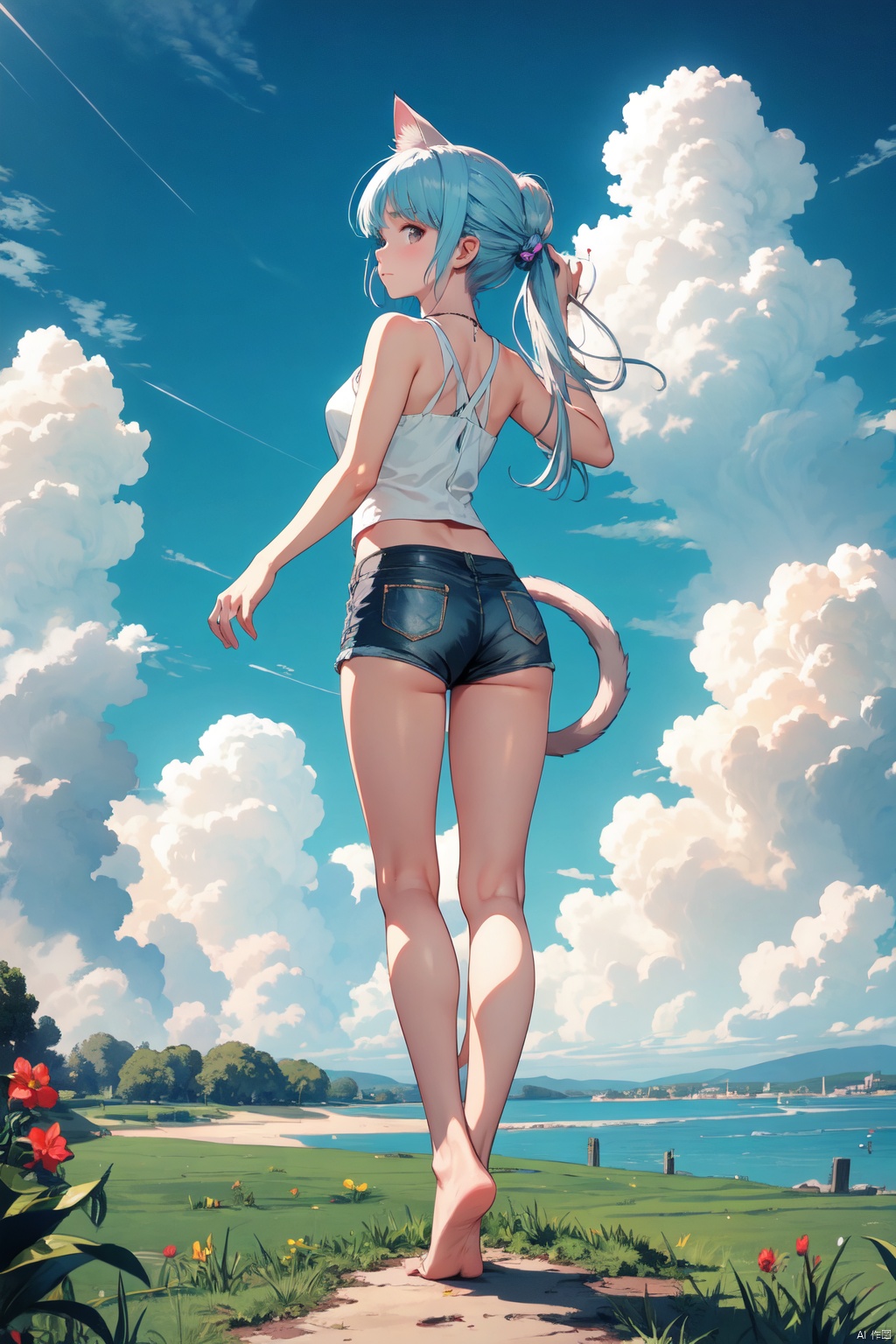  masterpiece,best quality,extremelydetailed,, ((poakl)),long hair, looking at viewer, bangs, blue eyes, multiple girls, shirt, black hair, animal ears, bare shoulders, twintails, closed mouth, standing, tail, white shirt, pink hair, ass, white hair, outdoors, sky, shorts, barefoot, sleeveless, day, midriff, looking back, cloud, cat ears, from behind, feet, blue sky, crop top, cat tail, animal ear fluff, bare arms, short shorts, bare legs, sleeveless shirt, 4girls, thigh strap, toes, low twintails, soles, black shorts, leg up, from below, standing on one leg, grass, cat girl, dolphin shorts