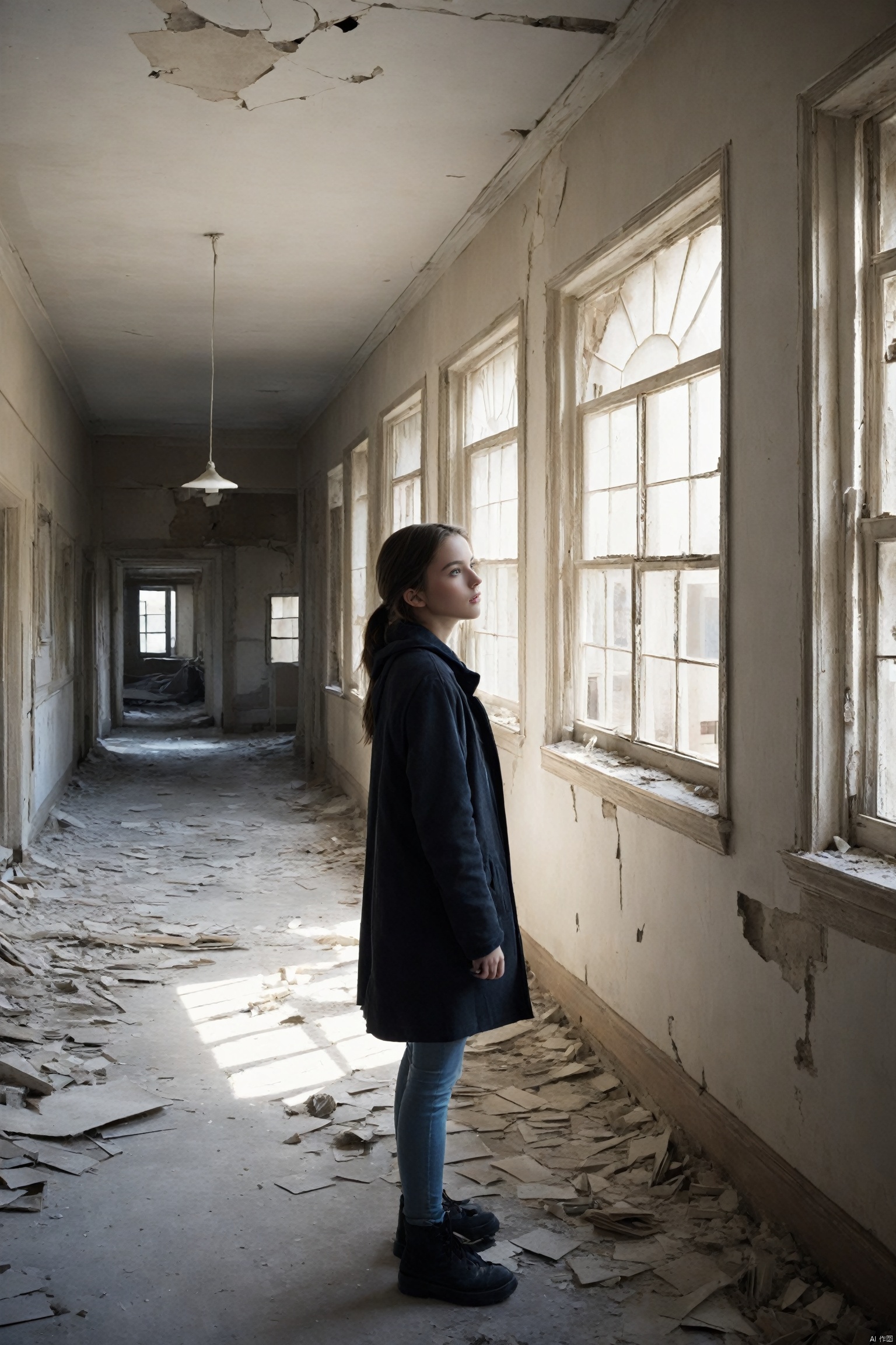  A poignant and contemplative teenage girl, exploring the hauntingly beautiful ruins of an abandoned hospital. She stands in a desolate hallway, bathed in soft, diffused light filtering through broken windows, casting elongated shadows across the peeling paint and debris-strewn floor. Her expression is a mix of curiosity and melancholy as she gazes at the remnants of a once bustling place now consumed by time. Dressed in casual contemporary clothing, her presence contrasts starkly against the decaying environment, evoking themes of transience and memory. (8K resolution, best quality: 1.2), (fine art conceptual photography style), (photorealistic wide-angle perspective with deep depth of field: f/4.0), (ultra-high-res), (dramatic chiaroscuro lighting), (meticulous detail on architectural decay and textures: 1.6), (realistic representation of dust particles and natural wear), (authentic emotional resonance), (film grain emulation for high-contrast black-and-white film stock).