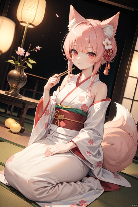 nai3, 1girl, fox ears, kitsune, red eyes, fluffy tail, hakama, traditional Japanese outfit, sitting on tatami, holding a fan, kimono-style top, closed mouth smile, white and pink hair in odango hairstyle, Kitsune mask, serene expression, wooden floor, indoors, japanese room, holding a dango skewer, chopsticks, yukata, patterned obi, exposed shoulder, sakura blossoms, sleeve details, ribbon tied around tail, small fangs, antique vase, ambient light, paper lanterns, soft focus background, tatami mats, japanese sweets, cellphone at side, low angle view, wagashi, indoor plants, serene atmosphere, ((poakl))