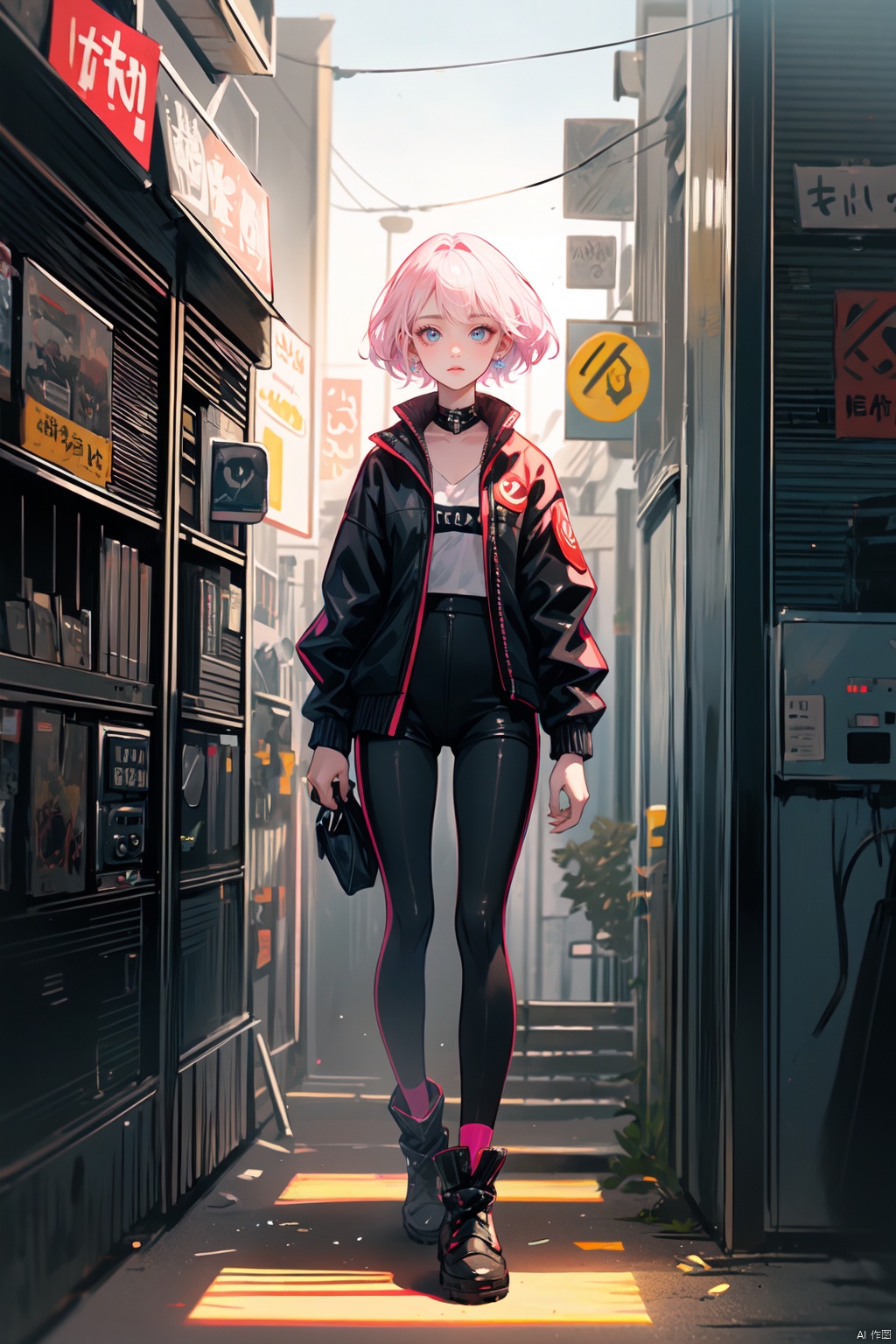  (8k, contemporary Chinese streetwear style, trendy quality), vividly-detailed, (vibrant, youthful skin with a confident and fashionable look), 1girl, full body, cyberpunk aesthetic, fierce and determined look, electric blue eyes with augmented glow, short neon pink hair styled in a rebellious cut, sporting a futuristic tactical visor over her eyes, wearing a form-fitting black neoprene catsuit embedded with glowing circuit patterns and liquid chrome accents, revealing hints of bio-mechanical enhancements beneath the fabric, high-tech armored boots with retractable micro-spike soles, standing on a rain-soaked rooftop in a sprawling dystopian metropolis illuminated by holographic billboards and neon lights, wielding a plasma saber in one hand and a compact smart-linked pistol in the other, cybernetic arms adorned with modular components and hidden compartments, cybernetic implants visible along her neck and spine, tattoos of binary code snaking across her exposed skin, backed by a towering skyline of interconnected megastructures and hovering drones, embodying the spirit of resistance and survival in a world of advanced technology and corporate control.((poakl))