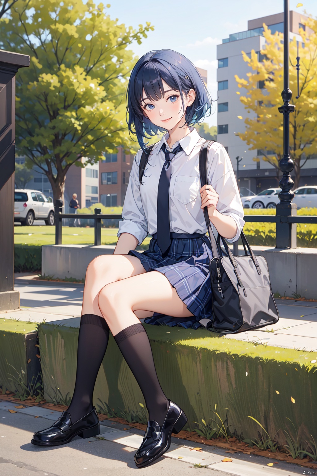 1girl, solo, looking at viewer, smile, bangs, skirt, shirt, sitting, closed mouth, school uniform, blue hair, white shirt, pleated skirt, outdoors, necktie, shoes, socks, collared shirt, bag, black footwear, blurry, blue skirt, plaid, kneehighs, plaid skirt, own hands together, black socks, loafers, black necktie, sleeves rolled up, school bag