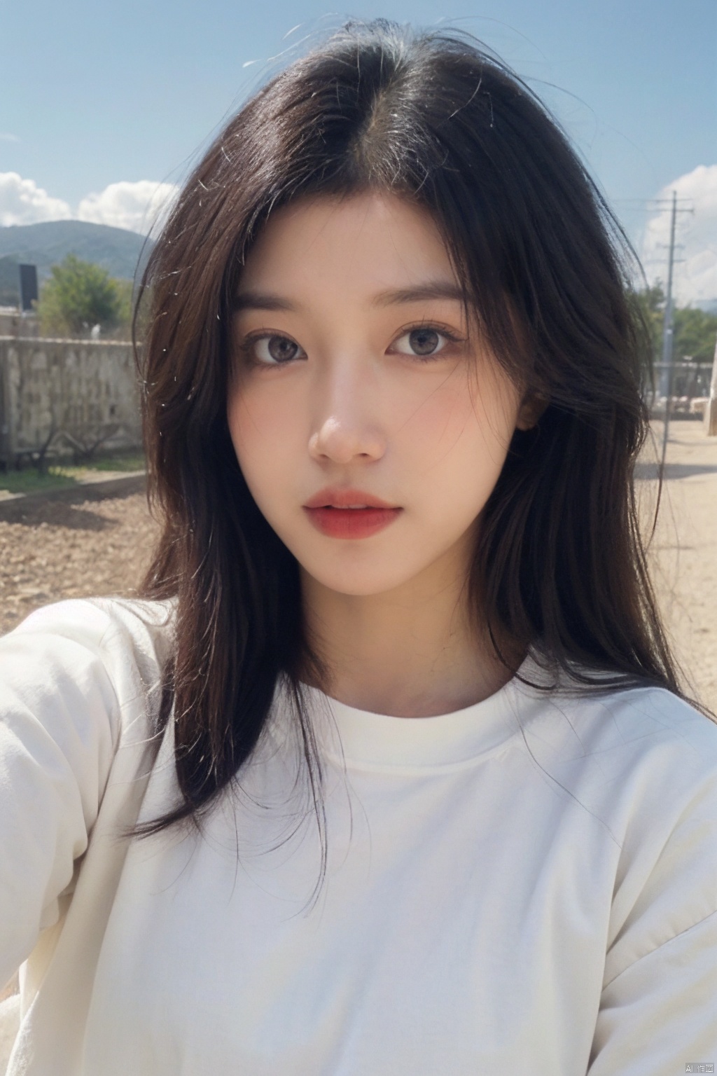8K,Best quality, masterpiece, ultra high res, (photorealistic:1.4), raw photo, (Authentic skin texture:1.3), (film grain:1.3), (selfie angle),, ((poakl)),1girl, solo, long hair, looking at viewer, brown hair, long sleeves, brown eyes, upper body, outdoors, parted lips, sky, day, cloud, sweater, blue sky, lips, sleeves past wrists, wind, realistic, white sweater