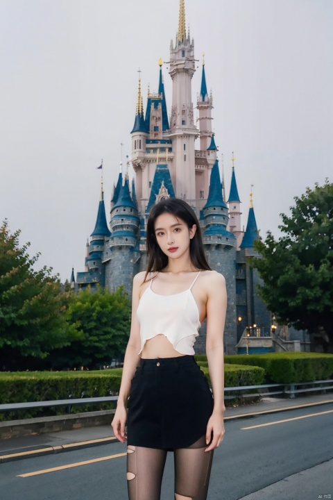 Cloudy day, foggy day, early morning, a naked woman, (real, photo :1.4), background Disney Castle, outdoors, real world scene, confident pose, perfect hand, cowboy shooting,
, Fine art, professional-grade capture,Sony A7R IV mirrorless camera with a Zeiss 24-70mm f/2.8 zoom lens,high-resolution, ((poakl)), 1girl, torn pantyhose