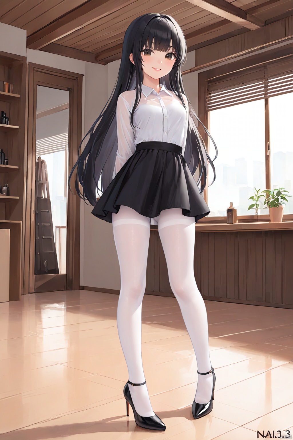  (masterpiece),(bestquality),nai3,(loli),1girl,  best quality, masterpiece, ultra highres,realisitc skin texture, 1girl, solo, long hair, looking at viewer, smile, shirt, black hair, standing, full body, pantyhose, artist name, indoors, high heels, lips, see-through, white pantyhose