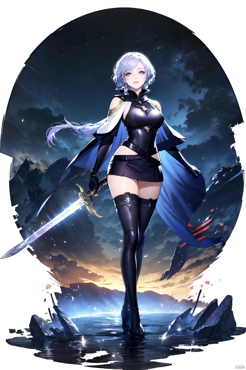 (gacha masterpiece), ((legendary character)), (high-resolution), anime-inspired illustration, original, highly stylized, intricate design . ooo, 1character, solo, full body, set against a lush fantasy world with floating islands and elemental magic, protagonist bearing resemblance to Genshin Impact aesthetics, long flowing silver hair tied in an elegant ponytail, piercing blue-violet eyes reflecting the cosmos, youthful yet determined expression, wearing a regal azure and gold-trimmed battle attire, adorned with celestial motifs and shimmering gemstones, armored pauldrons, gauntlets and greaves intricately etched with arcane patterns, wielding a dual-elemental sword that channels both water and lightning energies, sheathed at their hip, equipped with a magical artifact bracelet on one wrist, knee-high boots blending seamlessly into form-fitting leggings, standing poised with a light breeze billowing their cape, ready to embark on a grand adventure, exuding a blend of grace and power., ((poakl)), azur lane