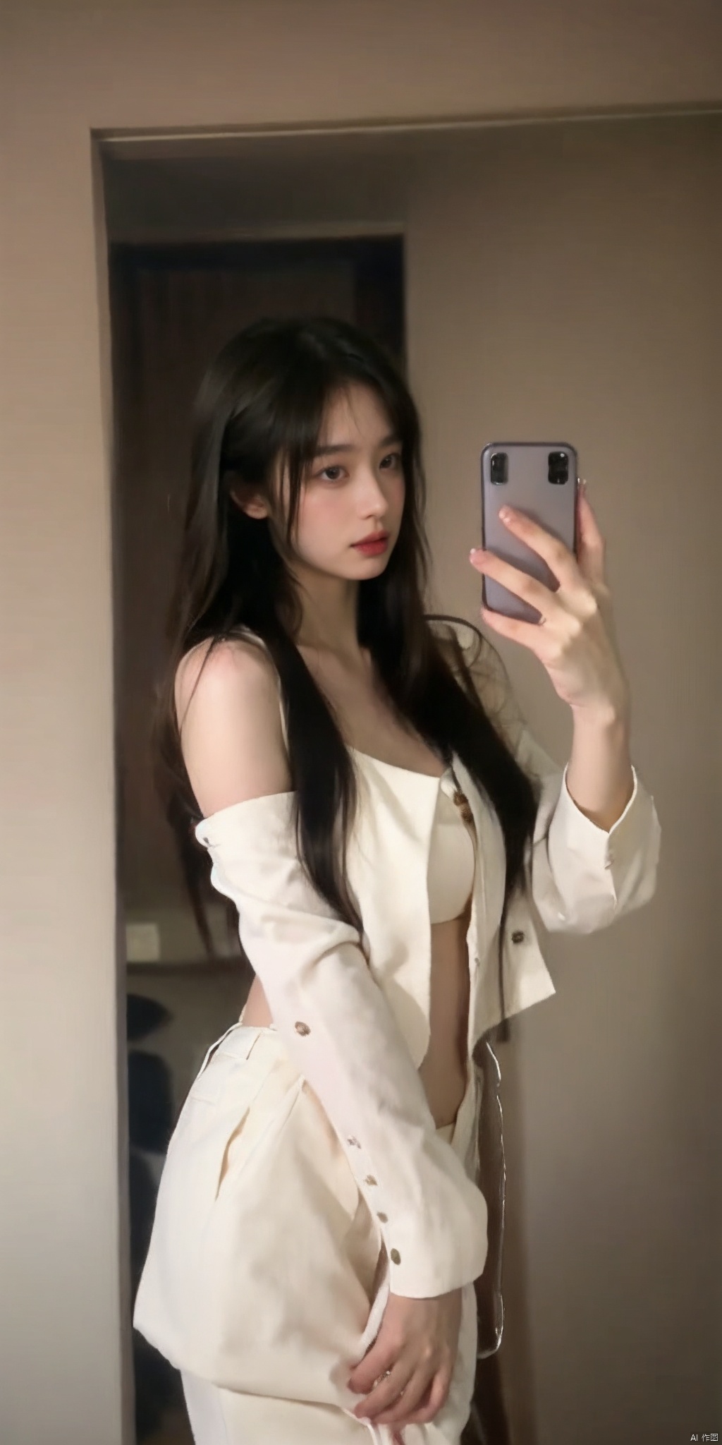 8K,Best quality, masterpiece, ultra high res, (photorealistic:1.4), raw photo, (Authentic skin texture:1.3), (film grain:1.3), (selfie angle),, ((poakl)),1girl, solo, long hair, black hair, holding, standing, pants, phone, cellphone, smartphone, holding phone, white pants, selfie, tight, photo background, tight pants, high-waist pants