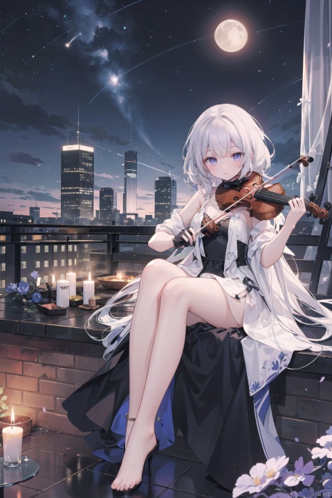 1girl, violin, rooftop, sunset, long curly hair, urban cityscape, dress, sitting on edge, gradient sky, stargazing, black dress, lace gloves, detailed violin, melancholic expression, barefoot, high heels nearby, city lights, freckles, subtle moonrise, holding bow, shoulder length hair, dark eyeliner, ribbon in hair, violin case open, building tops, ankle bracelet, silhouetted against skyline, single spotlight, old brick wall, gradient nail polish, purple twilight, gentle breeze, wistful gaze, exposed collarbone, minimal jewelry
