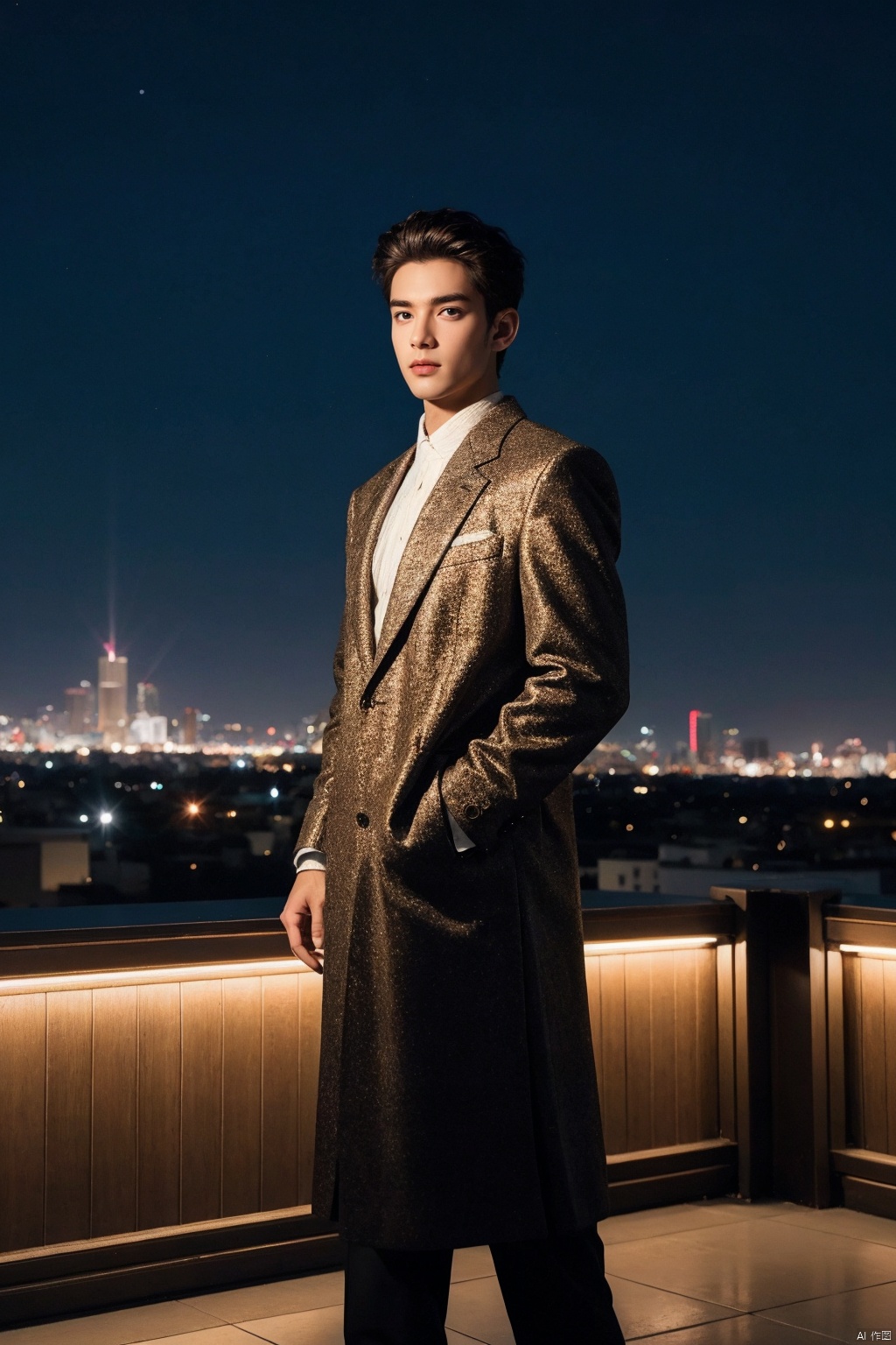 nighttime rooftop couture, 35mm panoramic snapshot, fashion-forward male model standing tall on a dimly lit rooftop under the starry night sky, full-length composition exuding urban sophistication, dressed in a statement ensemble from the latest menswear collections, posing confidently against the glittering skyline backdrop, leveraging the ambient city glow and moonlight to enhance the visual impact of the outfit, ACDEFZ_rooftop_elegance, high-resolution imagery, adept use of long exposure to capture the vibrancy of the city below while retaining crisp focus on the subject, creating a captivating narrative that merges the nocturnal allure of the urban landscape with the cutting-edge style of a modern man,((poakl)), monkren
