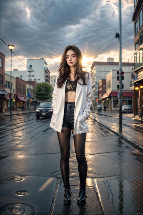 (8k, RAW Photo, Best Quality, Masterpiece: 1.2), (Photorealistic, Photorealistic), Masterpiece, Best Quality, (Ray Traced, Cinematic Lighting), 1girl, ((Solo)), Long Black Hair, Messy Hair , jacket, pantyhose, rainy day, cumulonimbus, (hands in pockets), (outdoors, rain, sky, deserted street, watered sidewalk, intersection, fork in the road), high-rise building, clock tower ,glass,reflection,street light,sunset,tyndall effect, Detail, ((poakl))