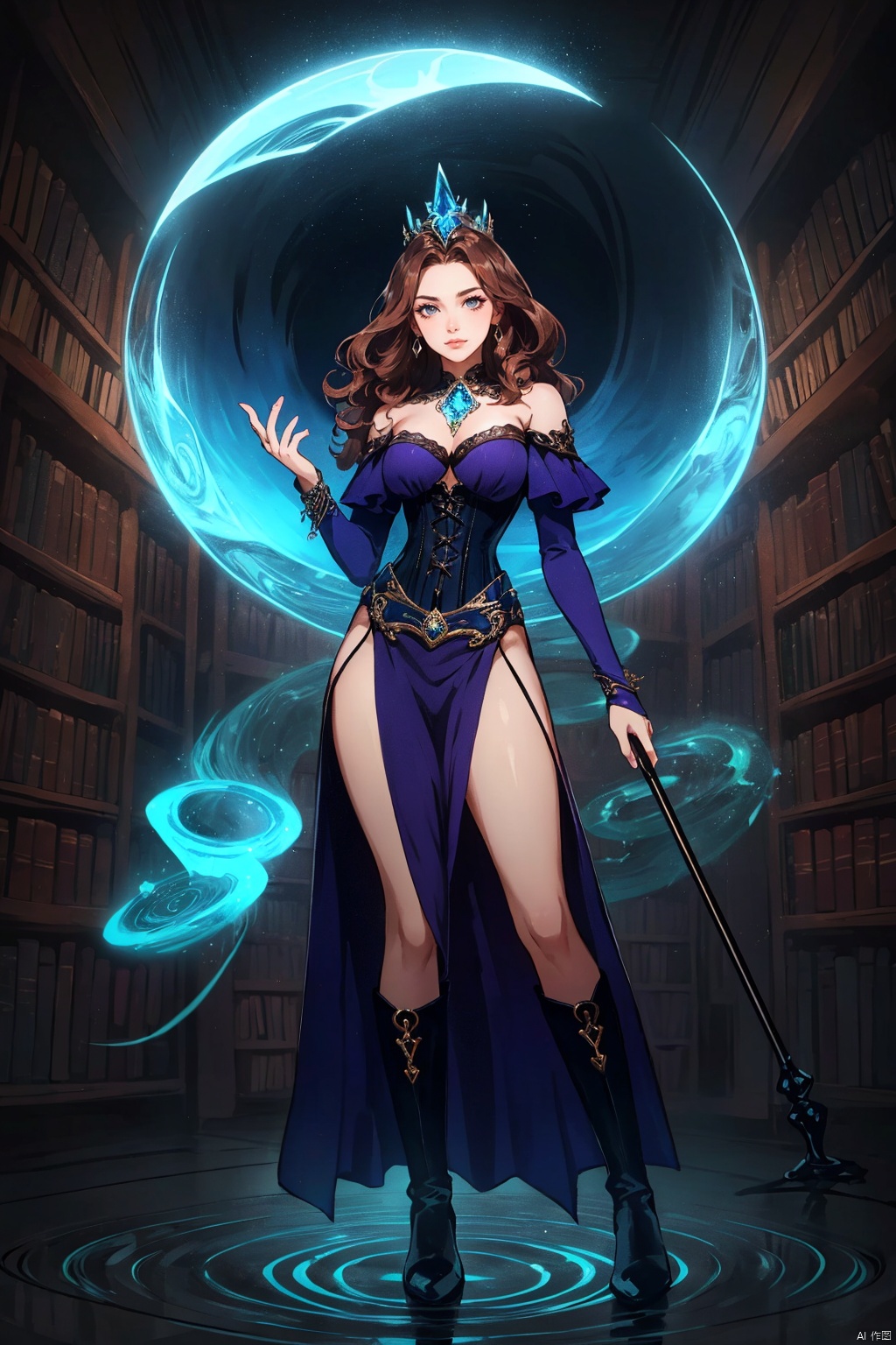 1girl, (sexy and alluring sorceress), ((full body)), (form-fitting dark purple and midnight blue corset dress with a high slit:1.3), (dress adorned with mystical sigils that softly glow in the dark), (matching opera-length gloves reaching above the elbow), (a pair of thigh-high boots with stiletto heels and arcane engravings), (shoulder-length curly chestnut hair styled in loose waves), (dramatic plum-colored lipstick and smoky eye makeup), (carrying an ornate staff crowned with a glowing crystal orb at its tip), (bracelets on both wrists featuring enchanted gemstones), (summoning circle and runes inscribed beneath her feet), (standing in front of a swirling vortex of magical energy:1.4), (background: a shadowy, ancient library filled with floating books and orbs of light), (intense gaze with a hint of mystery and power), (body language exuding confidence and allure), (ethereal aura of dark purple and blue magic emanating from her).,((poakl)), ,(wide shot:0.95)