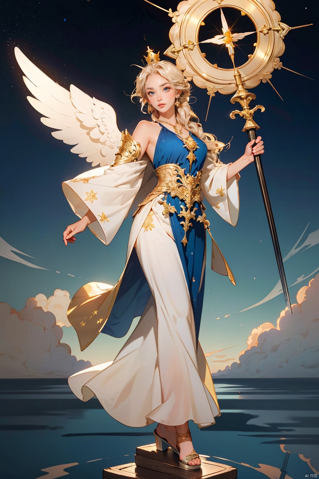1girl, (angelic being with celestial grace), ((full body)), (radiant white wings outstretched and feathered in gold, emanating divine light), (wearing a flowing, ethereal gown of pure silk or gossamer that catches the heavenly light), (garment intricately detailed with silver embroidery depicting stars and constellations), (shoulder-length hair of platinum blonde, cascading in gentle waves around her face), (aloft on a cloud or radiant platform), (ethereally glowing aura surrounding her form), (holding a gleaming sword of righteousness or a shining harp strung with golden threads), (crown of softly glowing halos hovering above her head), (large, compassionate blue eyes framed by lashes like feathers), (clad in armor of celestial design - breastplate adorned with sacred symbols), (gauntlets and greaves subtly reflecting the divine radiance), (standing barefoot or wearing sandals of translucent crystal), (wearing a simple yet elegant pendant featuring a pearlescent teardrop gemstone), (a soft breeze lifting her hair and robes as if carried by unseen zephyrs), (background: sky-blue heavens with drifting clouds and beams of sunlight), (presence exuding purity, benevolence, and celestial protection)..(Masterpiece: 1.2), (Best Quality: 1.2), (High Resolution: 1.2), (Incredibly Ridiculous), (Absurd), Very High Resolution, Illustration,,((poakl)), ,(wide shot:0.95),(Dynamic pose:1.4),  backlight