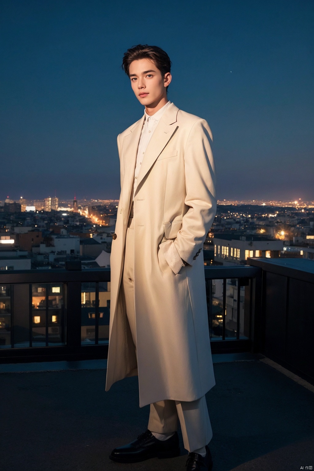 nighttime rooftop couture, 35mm panoramic snapshot, fashion-forward male model standing tall on a dimly lit rooftop under the starry night sky, full-length composition exuding urban sophistication, dressed in a statement ensemble from the latest menswear collections, posing confidently against the glittering skyline backdrop, leveraging the ambient city glow and moonlight to enhance the visual impact of the outfit, ACDEFZ_rooftop_elegance, high-resolution imagery, adept use of long exposure to capture the vibrancy of the city below while retaining crisp focus on the subject, creating a captivating narrative that merges the nocturnal allure of the urban landscape with the cutting-edge style of a modern man,((poakl)), monkren