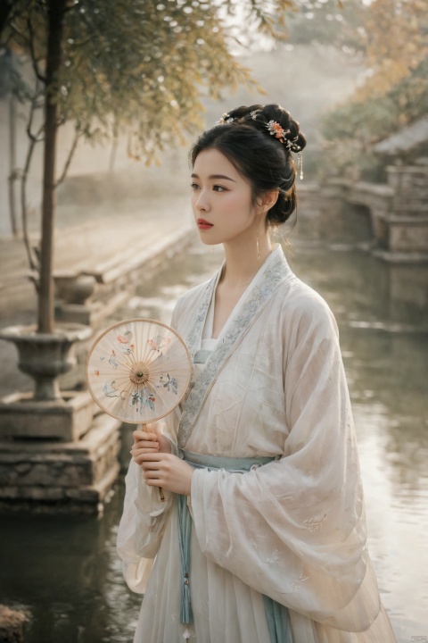 A poised and elegant Hanfu-clad maiden, standing on the edge of a misty pond in an ancient Chinese courtyard. Her resplendent dress is crafted from layers of rich silk brocade, featuring delicate floral patterns that echo the surrounding landscape. The gentle morning light softly illuminates her porcelain skin and cascades over the flowing hemlines, casting intricate shadows upon the weathered stone pavement. Her hands lightly hold onto a traditional hand fan, adding to the narrative of quiet contemplation and poetic nostalgia. (8K resolution, best quality: 1.2), (fine art portrait photography style), (photorealistic depth of field with bokeh: f/1.4), (ultra-high-res), (natural ambient lighting with subtle highlights), (meticulous textile and embroidery detail: 1.7), (realistic depiction of water surface and mist), (authentic period accessories and props), (film grain emulation for classic black-and-white film stock).