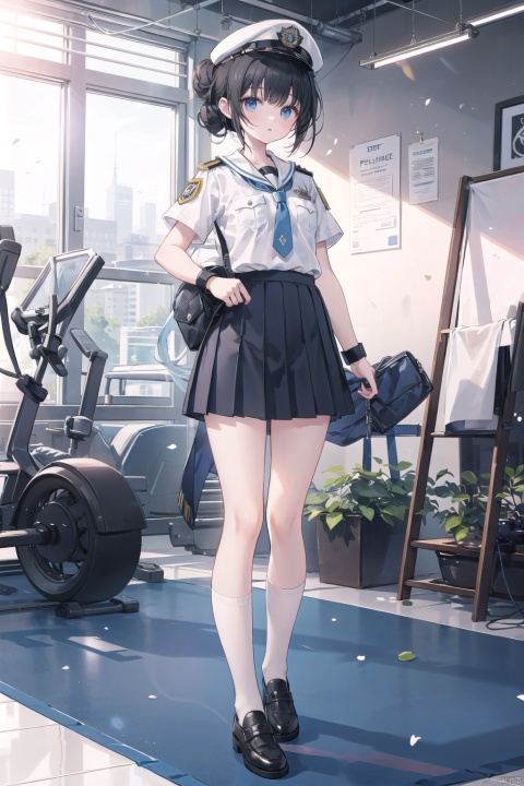 1girl, police cadet, school uniform, badge, youthful determination, standing at attention, knee socks, leather shoes, short black hair in a bun, whistle around neck, tucked-in shirt, pleated skirt, polished shoes, handcuffs, utility belt, folded arms, indoor gymnasium, martial arts training mat, salute, serious expression, junior officer cap, epaulettes, folded police academy banner, classmate in background, physical training, discipline, radiant confidence, dedication, sense of duty, strong stance, radiant morning sunlight, mock riot gear, protective helmet