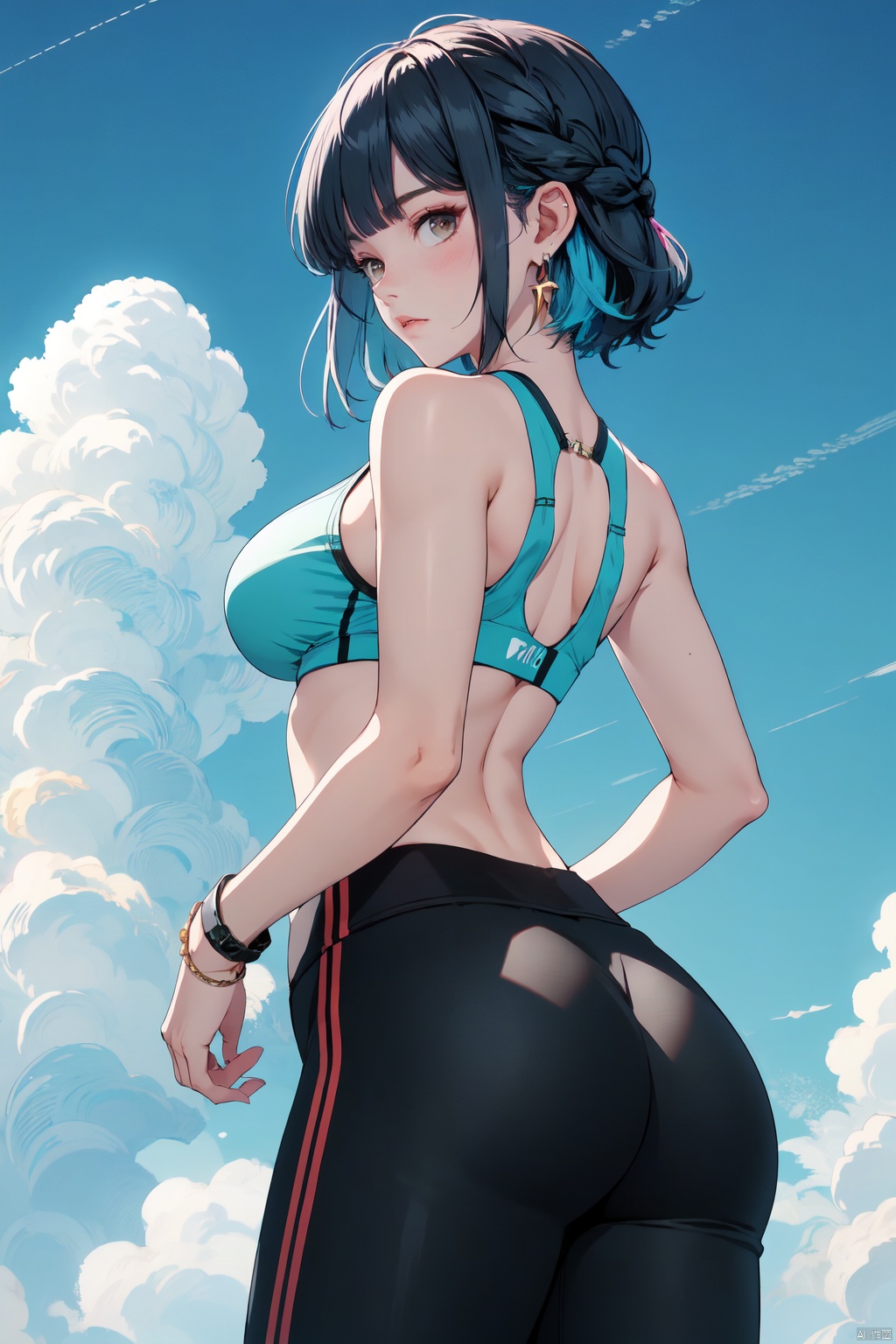  masterpiece,best quality,extremelydetailed,（（White background））,, ((poakl)),1girl, solo, breasts, looking at viewer, blush, short hair, bangs, large breasts, black hair, bare shoulders, jewelry, green eyes, blue hair, ass, braid, multicolored hair, earrings, outdoors, sky, alternate costume, day, looking back, pants, cloud, blunt bangs, from behind, blue sky, black pants, from below, bob cut, wristband, sports bra, tight, tight pants, diagonal bangs, yoga pants, yelan \(genshin impact\)