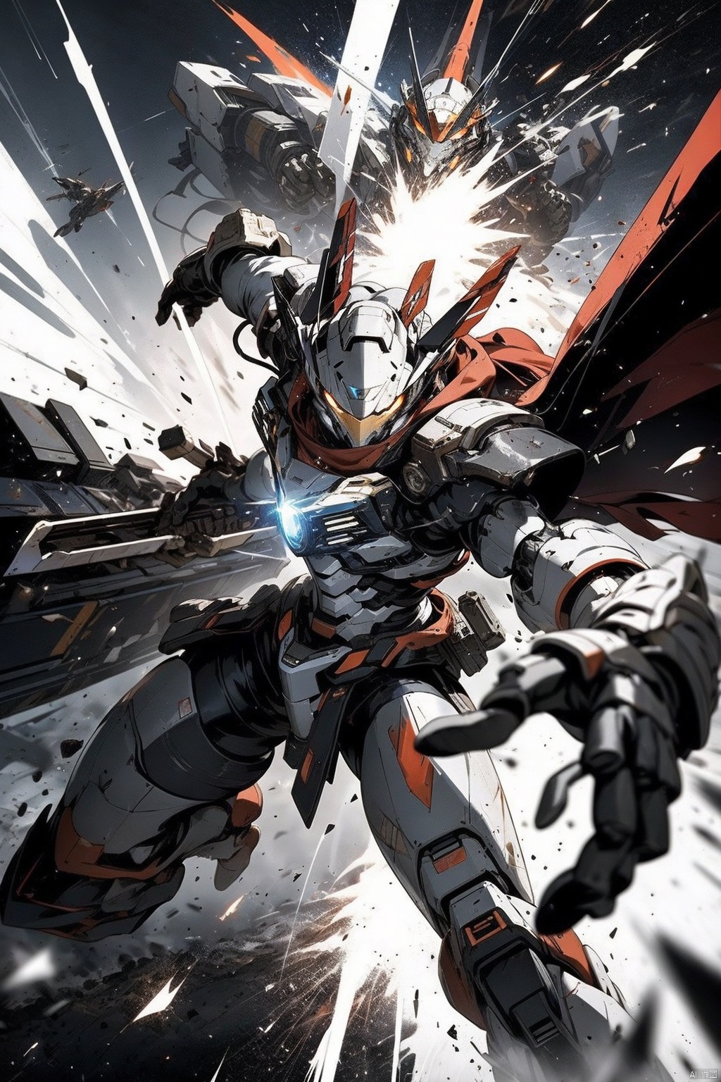  ,Combat attitude,Explosion effect,Sparks flew everywhere,Flame rise,Knife with one hand, gun with one hand,Flying in space,Giant planet behind,Black and white metal style, mecha_robot, Super perspective