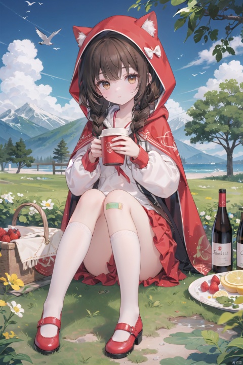  1girl, bottle, solo, skirt, sitting, braid, outdoors, hood, shirt, socks, white socks, white shirt, red skirt, twin braids, shoes, bandaid, red footwear, wine bottle, looking at viewer, tree, brown hair, day, long hair, holding, frills, little red riding hood (grimm), frilled skirt, food, bandaid on leg, mary janes, closed mouth, yellow eyes, hood up, bow, basket, kneehighs, fruit, sky, cloak, hooded cloak, grass, bangs, hooded cape, hooded capelet, alcohol, animal hood, full body, picnic basket, cup, cloud, bandaid on knee, pleated skirt, mountain, cape, brown eyes, collarbone, backlight