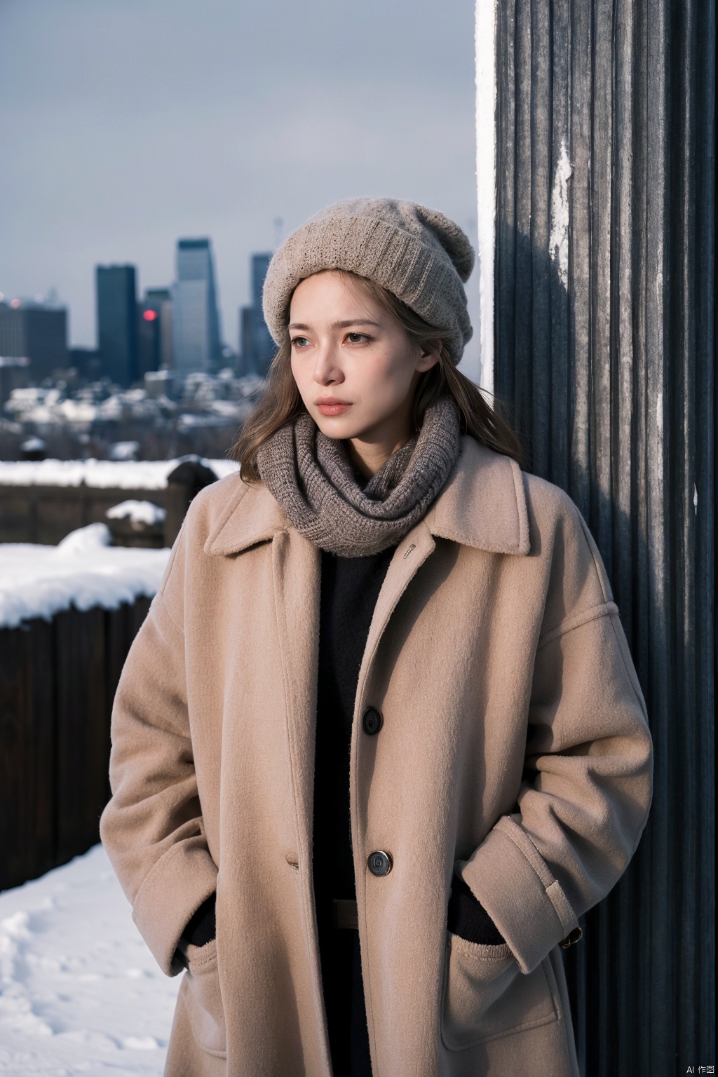 Annie Leibovitz-style portrait of a professional individual in winter attire, set against the stark yet serene backdrop of an icy cityscape. The subject stands tall, clad in a tailored overcoat that billows slightly in the cold breeze, their face framed by a scarf and topped with a woolen hat. Despite the chill, the person exudes poise and determination, hands buried in coat pockets while gazing confidently into the distance. The photograph showcases Leibovitz's mastery of lighting, using the diffused glow of streetlights to highlight the character lines etched by experience and responsibility. The image is characterized by crisp details from the texture of the coat to the glint of snowflakes settling on its surface. This visual narrative captures the essence of resilience and professionalism amidst the challenges of the season, creating a timeless portrayal of dedication and ambition in the colder months. (High-resolution: 12 megapixels, dramatic chiaroscuro lighting: 1.1, subtle emphasis on textures: 1.3)
