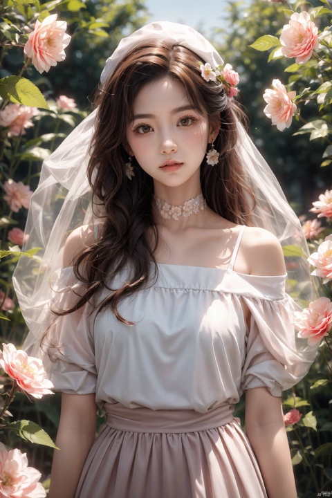  A girl,silk,cocoon,spider web,Solo,Complex Details,Color Differences,Realistic,(Moderate Breath),Off Shoulder,Eightfold Goddess,Pink Long Hair,White Headwear,Hair Above One Eye,Green Eyes,Earrings,Sharp Eyes,Perfect Fit,Choker,Dim Lights,cocoon,transparent,jiBeauty,1girl,flowers,mtianmei,Look at the camera.,flowing skirts,Giant flowers,,