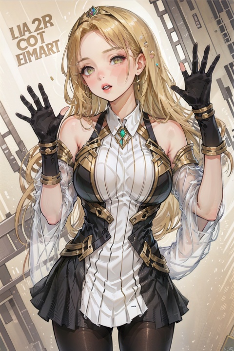 Cheek On Glass,cheekonglass, 1girl, solo, long hair, breasts, looking at viewer, blush, open mouth, bangs, skirt, blonde hair, large breasts, gloves, dress, bare shoulders, jewelry, very long hair, yellow eyes, pantyhose, earrings, one eye closed, sky, sleeveless, black gloves, elbow gloves, white gloves, miniskirt, white dress, armor, black pantyhose, skindentation, thigh strap, sleeveless dress, swept bangs, short dress, white skirt, tiara, breast press, gem, headpiece, pleated dress, chest jewel, neon trim, breasts on glass, back-seamed legwear, dangle earrings