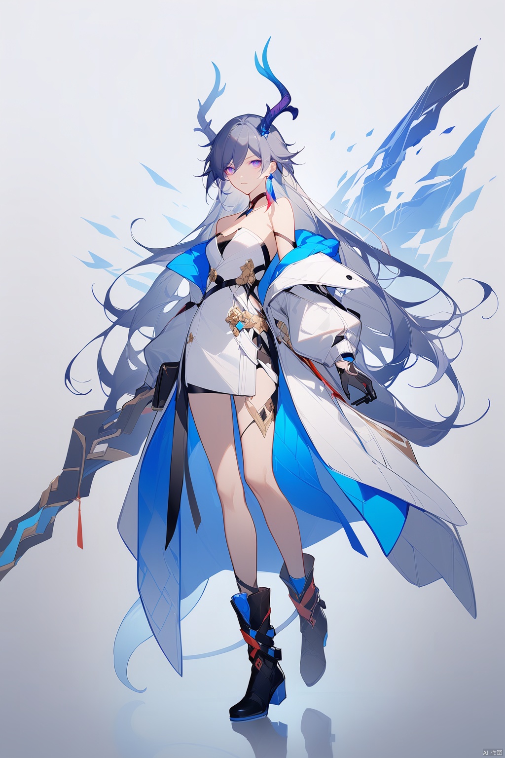  [[fu hua (phoenix)(honkai impact 3rd)]],nai3,1girl,solo,blue eyes
{artist:ask(askzy)}, 
1girl, solo, long hair, looking at viewer, blonde hair, gloves, long sleeves, dress, holding, bare shoulders, very long hair, closed mouth, blue hair, standing, purple eyes, jacket, tail, full body, weapon, grey hair, multicolored hair, boots, open clothes, horns, off shoulder, black footwear, holding weapon, strapless, white jacket, dragon horns, dragon girl, dragon tail, antlers