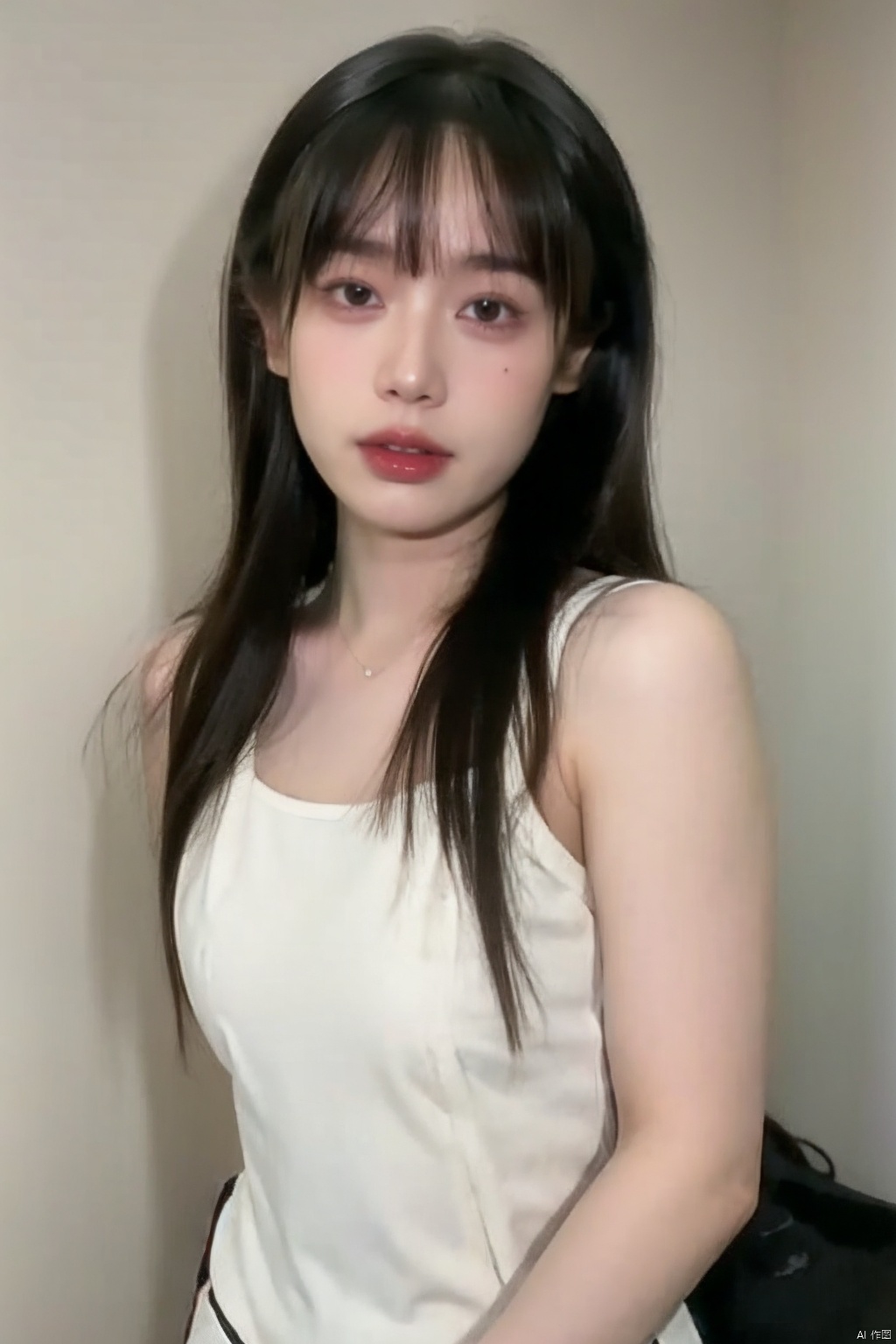 8K,Best quality, masterpiece, ultra high res, (photorealistic:1.4), raw photo, (Authentic skin texture:1.3), (film grain:1.3), (selfie angle),, ((poakl)),1girl, solo, long hair, shirt, black hair, holding, sleeveless, pants, indoors, v, mask, phone, cellphone, smartphone, holding phone, white pants, mouth mask, selfie