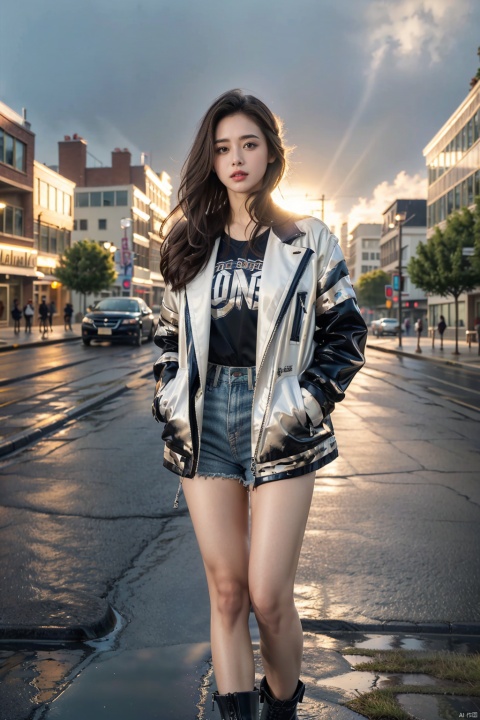  (8k, RAW Photo, Best Quality, Masterpiece: 1.2), (Photorealistic, Photorealistic), Masterpiece, Best Quality, (Ray Traced, Cinematic Lighting), 1girl, ((Solo)), Long Black Hair, Messy Hair , jacket, pantyhose, rainy day, cumulonimbus, (hands in pockets), (outdoors, rain, sky, deserted street, watered sidewalk, intersection, fork in the road), high-rise building, clock tower ,glass,reflection,street light,sunset,tyndall effect, Detail, ((poakl))