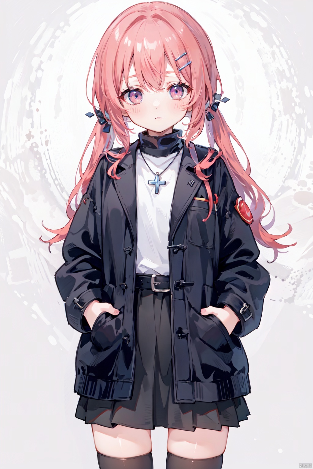  1girl, solo, looking at viewer, long hair, drill hair, red eyes, skirt, simple background, shirt, hair ornament, thighhighs, long sleeves, white background, hair between eyes, jewelry, closed mouth, red hair, cowboy shot, open clothes, alternate costume, hairclip, belt, black thighhighs, virtual youtuber, black skirt, necklace, zettai ryouiki, coat, black shirt, turtleneck, hair intakes, open coat, black coat, hands in pockets, ange katrina, ((poakl))