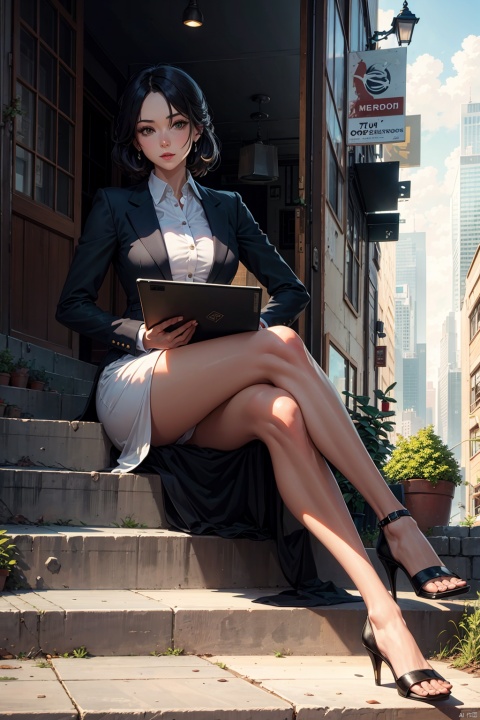 urbane, contemporary cityscape, outdoor staircase scene, 1 female, statuesque, alluring secretary, modern business attire, form-fitting dress, statement heels, sitting on steps with crossed legs, holding a tablet and coffee cup, skyscrapers in the background, midday sunlight, urban professionals passing by, confident demeanor, relaxed yet poised, City_Steps_Secretary, SD_modern, Crisp_Detail & Natural_Light finish