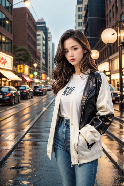 (8k, RAW Photo, Best Quality, Masterpiece: 1.2), (Surreal, Fine Art), Superior Detail, Superb Lighting, (Global Illumination, Hollywood Movies), 1 Girl, ((solo)), Long Wavy Brown Hair, windblown clothes, leather jacket, jeans, sunglasses, city night, foggy streets, neon lights, (leaning against a lamppost, hands in pockets), (downtown alley, wet asphalt, reflection, Fire escape, sidewalk), tall skyscraper, moonlit skyline, glass curtain wall, rain drops, specular reflection, street light glare, bokeh effect, darkness, gloom,((poakl))