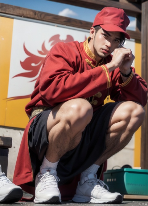  masterpiece, best quality, official art, extremely detailed ,SOLO,caishen,1man,handsome face,stubble, muscle development, fit body,shorts,muscle legs with white sneakers,
（open clothes), chinese clothes,long sleeves,wearing caishen_headwear, open clothes,
wide sleeves,dynamic pose,

