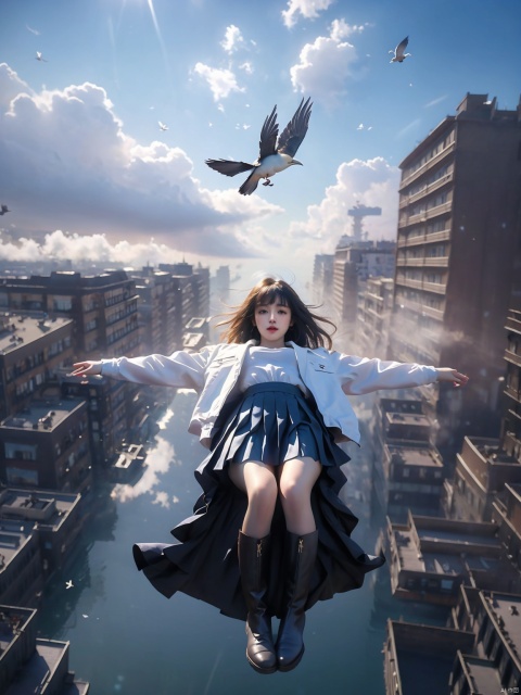  1man, solo, floating hair, looking at viewer, bangs, boots, pleated skirt, white shirt, jacket, long sleeves, shirt, open clothes, full body, Lie on your back, outstretched arms, Floating in the air, cloud, Falling position, Bird's-eye view, city, ray tracing, motion blur, Depth of field, sparkle, Surrealism, Conceptual art, reflection light, super detail, high details, ccurate, 1080P, HD, UHD, anatomically correct, 8k, JK, yunduan