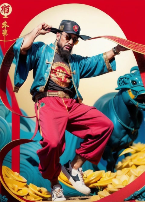  masterpiece, best quality, official art, extremely detailed ,SOLO,caishen,1man,handsome face,stubble, muscle development, fit body,shorts,muscle legs with white sneakers,
opening chinese clothes,long sleeves,wearing caishen_headwear, open clothes,
wide sleeves,dynamic pose,small circle sunglasses

