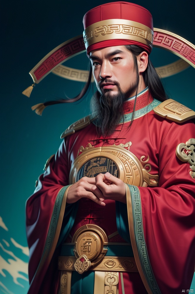 masterpiece, best quality, official art, extremely detailed CG unity 8k wallpaper, SOLO,1boy,caishen,1man,facial hair,stubble, muscular,chinese clothes,long sleeves,wearing red caishen_headwear, 
wide sleeves,

