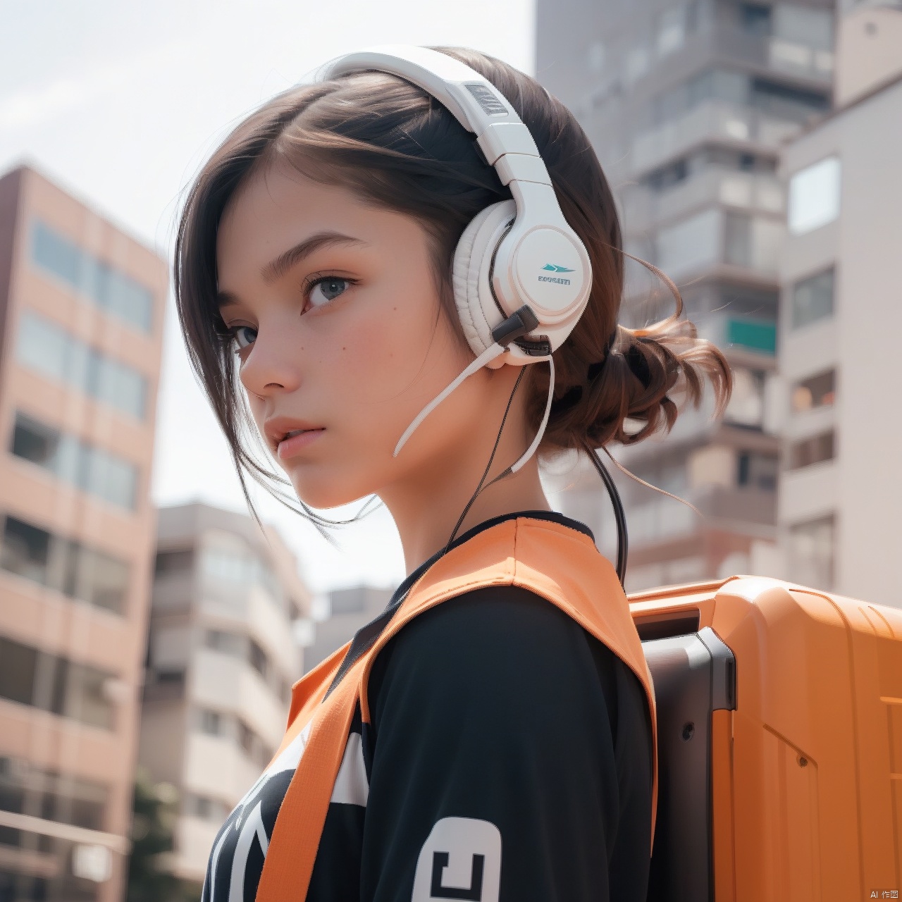  1girl,(A Robot:0.6),orange,Wearing headphones,Upper body, machinery,(smile:0.8),black_hair,