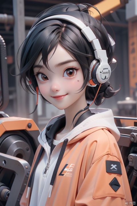  1girl,(A Robot:0.5),orange,Wearing headphones,Upper body, machinery,machinery,(smile:1),black_hair,